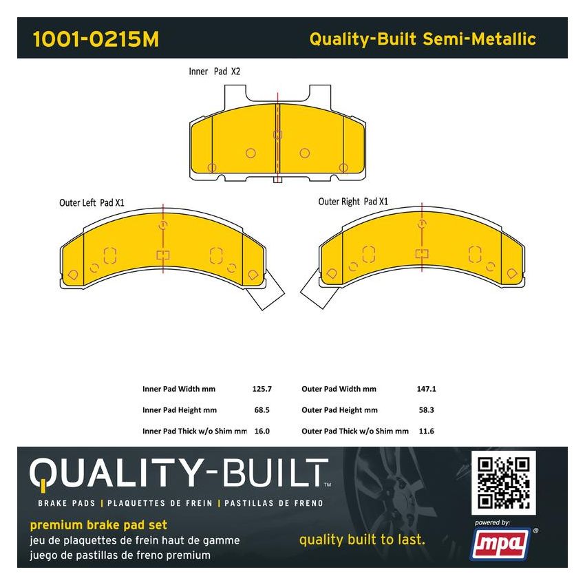 MPA 1001-0215M Quality-Built Premium Semi-Metallic Brake Pads w/ Hardware