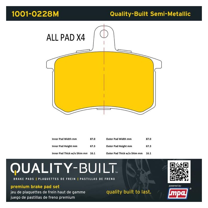 MPA 1001-0228M Quality-Built Premium Semi-Metallic Brake Pads w/ Hardware