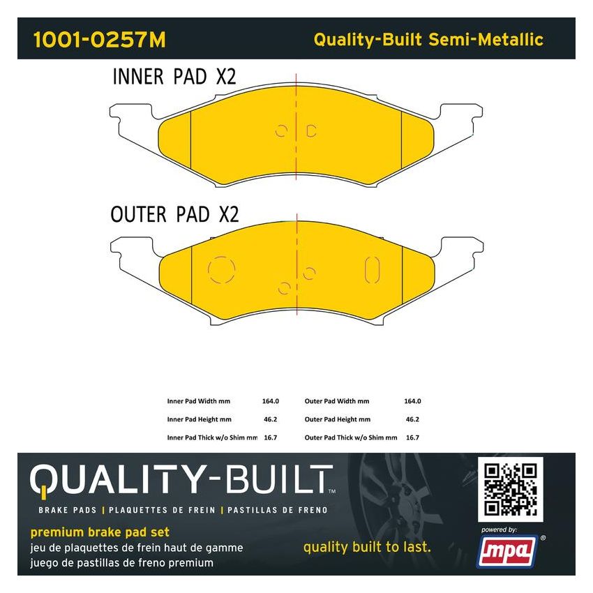 MPA 1001-0257M Quality-Built Premium Semi-Metallic Brake Pads w/ Hardware