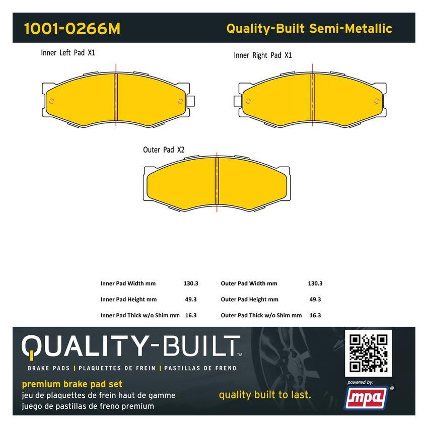 MPA 1001-0266M Quality-Built Premium Semi-Metallic Brake Pads w/ Hardware