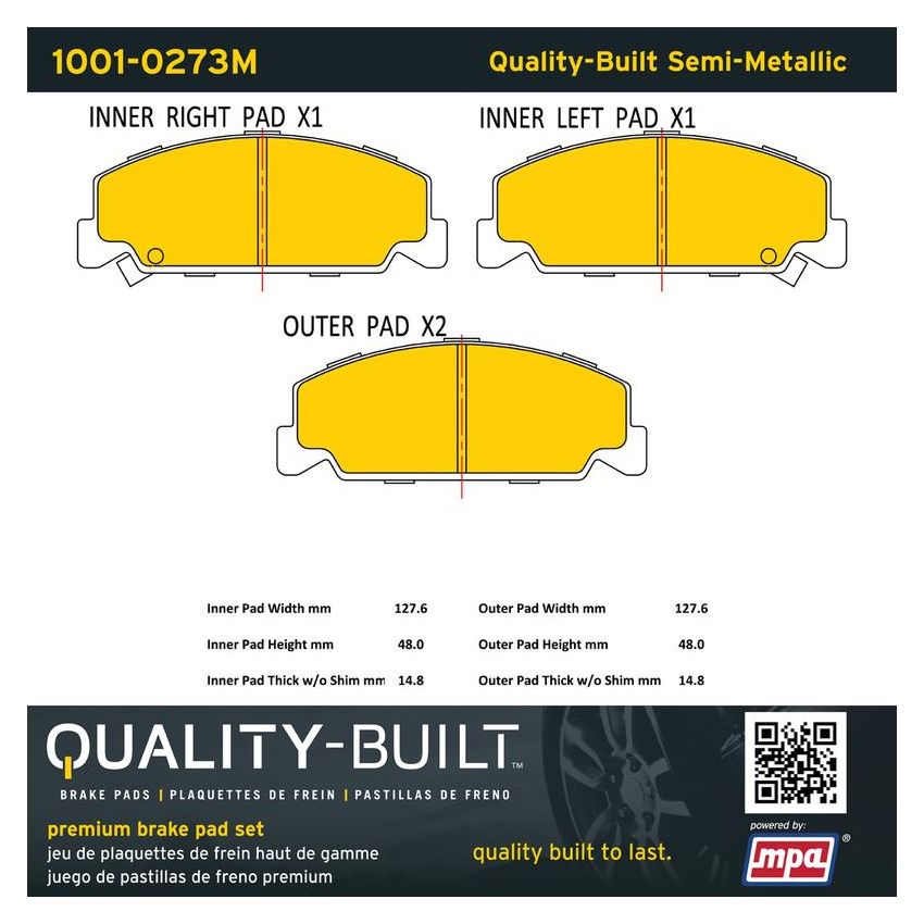MPA 1001-0273M Quality-Built Premium Semi-Metallic Brake Pads w/ Hardware