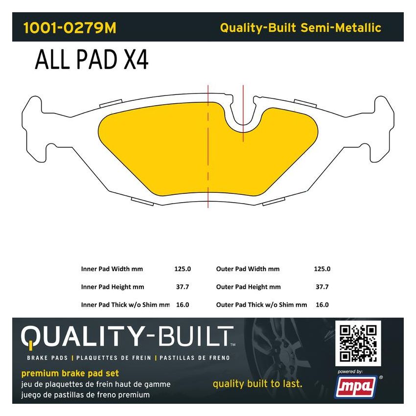 MPA 1001-0279M Quality-Built Premium Semi-Metallic Brake Pads w/ Hardware