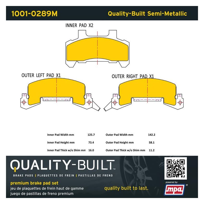 MPA 1001-0289M Quality-Built Premium Semi-Metallic Brake Pads
