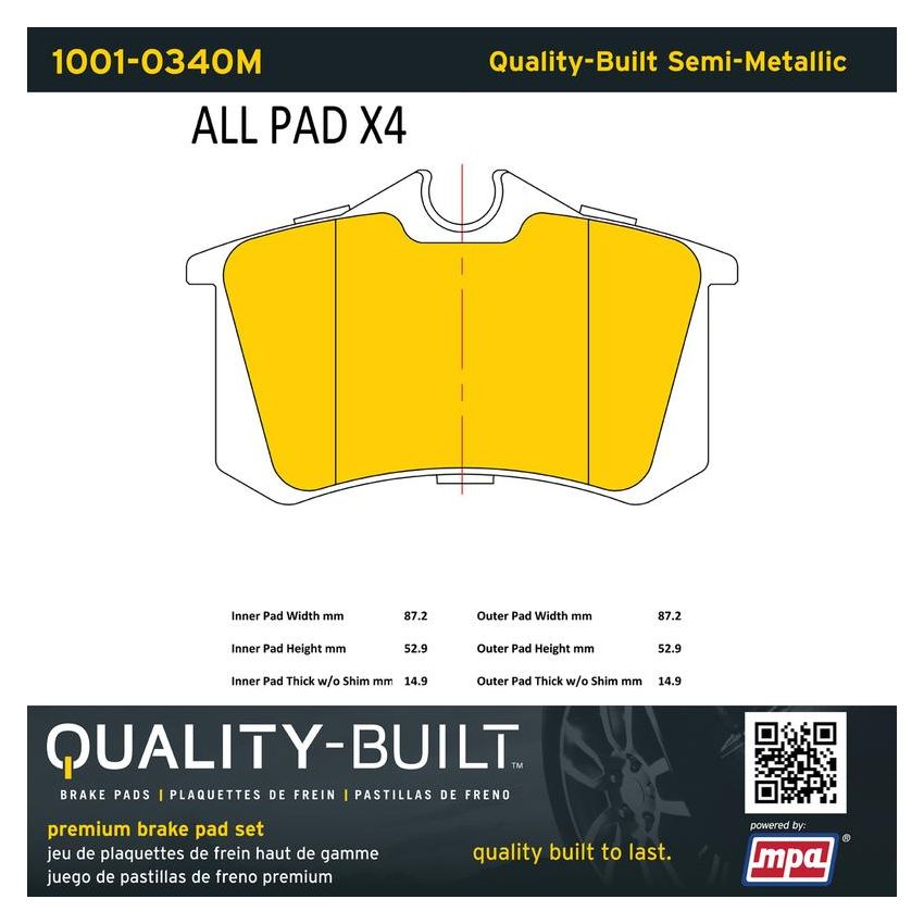 MPA 1001-0340M Quality-Built Premium Semi-Metallic Brake Pads