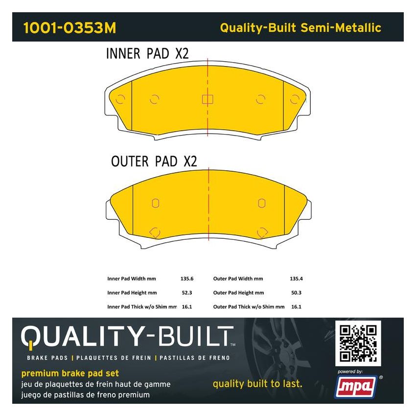 MPA 1001-0353M Quality-Built Premium Semi-Metallic Brake Pads w/ Hardware