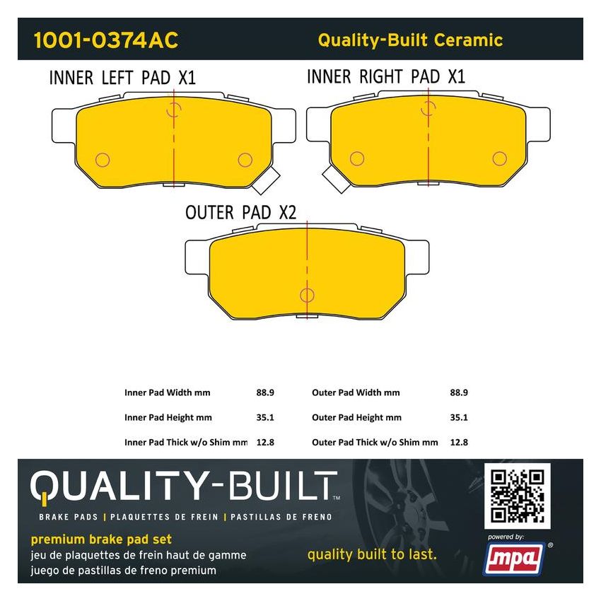 MPA 1001-0374AC Quality-Built Premium Ceramic Brake Pads w/ Hardware
