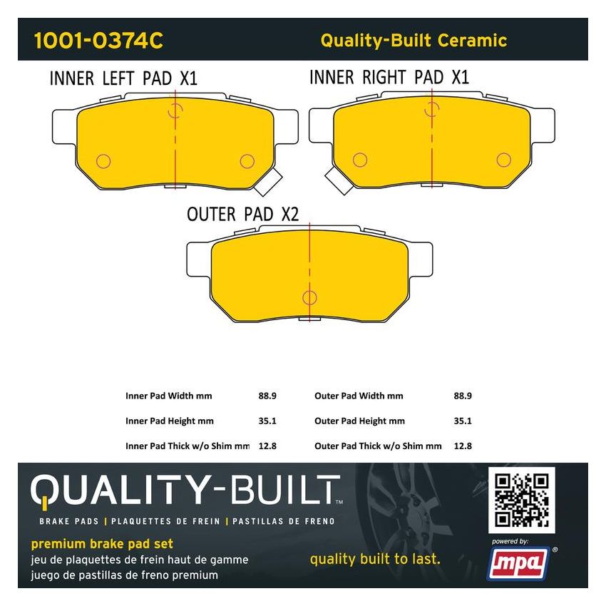 MPA 1001-0374C Quality-Built Premium Ceramic Brake Pads w/ Hardware