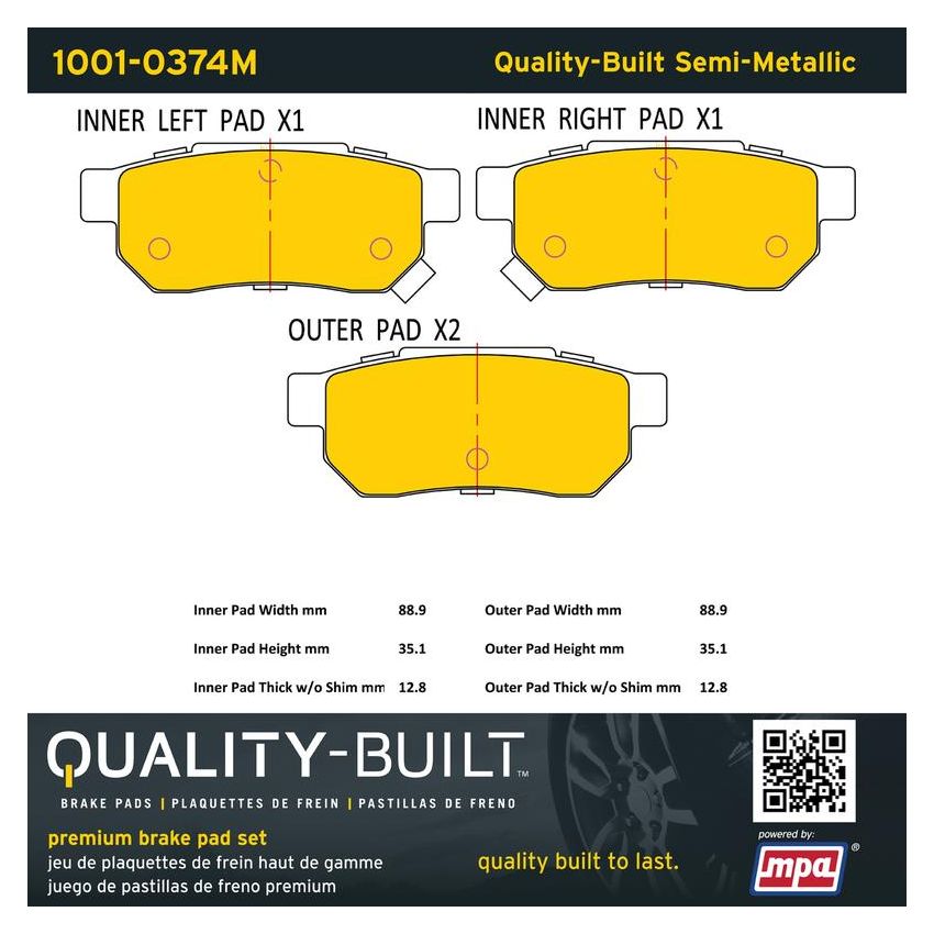 MPA 1001-0374M Quality-Built Premium Semi-Metallic Brake Pads w/ Hardware
