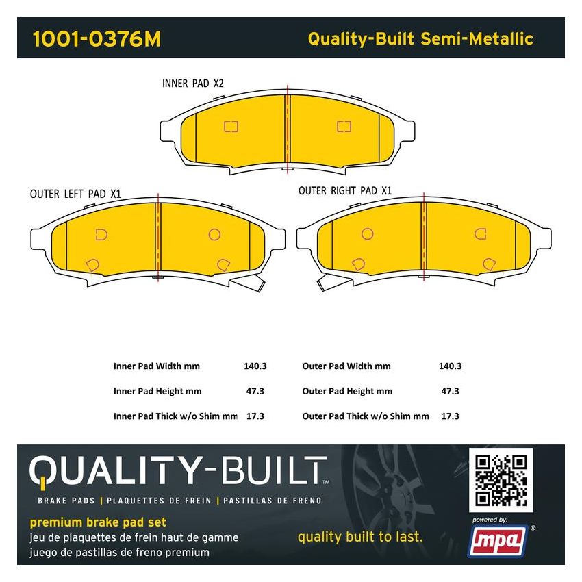 MPA 1001-0376M Quality-Built Premium Semi-Metallic Brake Pads w/ Hardware
