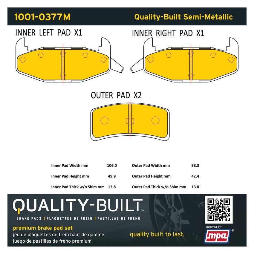 MPA 1001-0377M Quality-Built Premium Semi-Metallic Brake Pads w/ Hardware