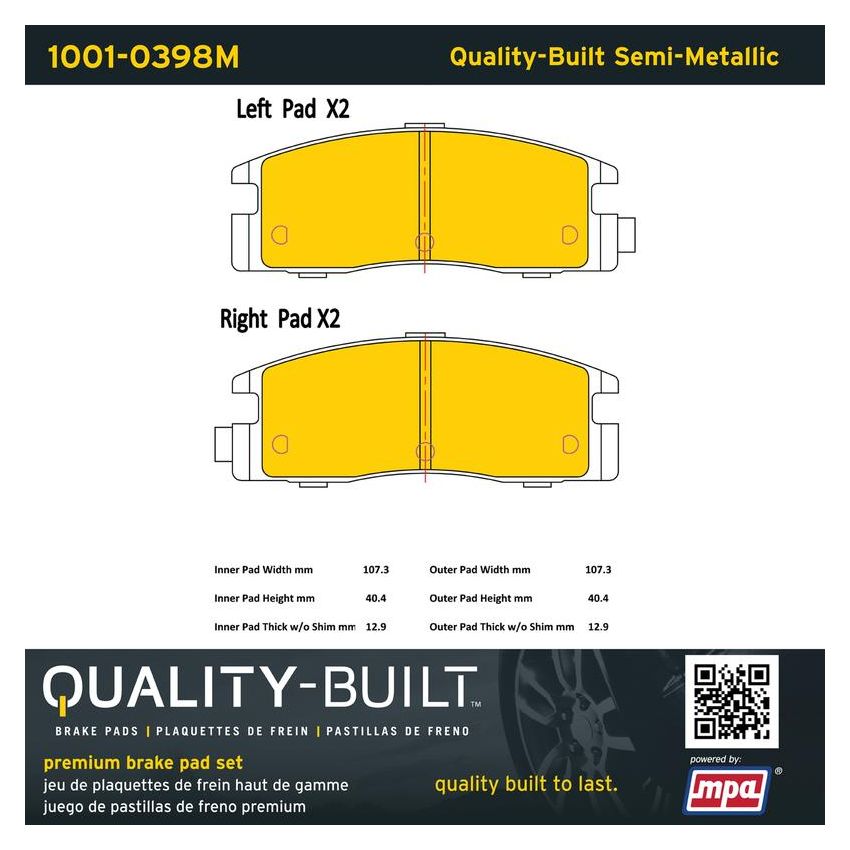 MPA 1001-0398M Quality-Built Premium Semi-Metallic Brake Pads w/ Hardware