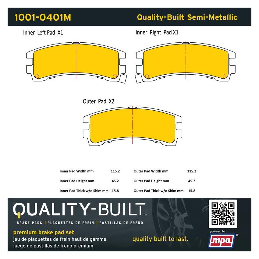 MPA 1001-0401M Quality-Built Premium Semi-Metallic Brake Pads w/ Hardware