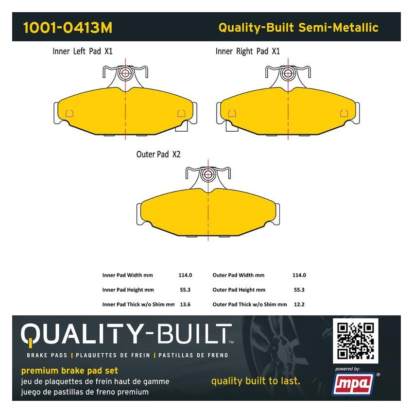 MPA 1001-0413M Quality-Built Premium Semi-Metallic Brake Pads w/ Hardware