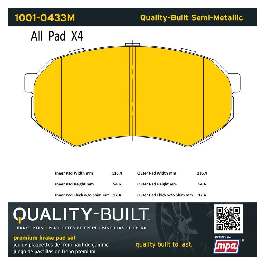MPA 1001-0433M Quality-Built Premium Semi-Metallic Brake Pads w/ Hardware