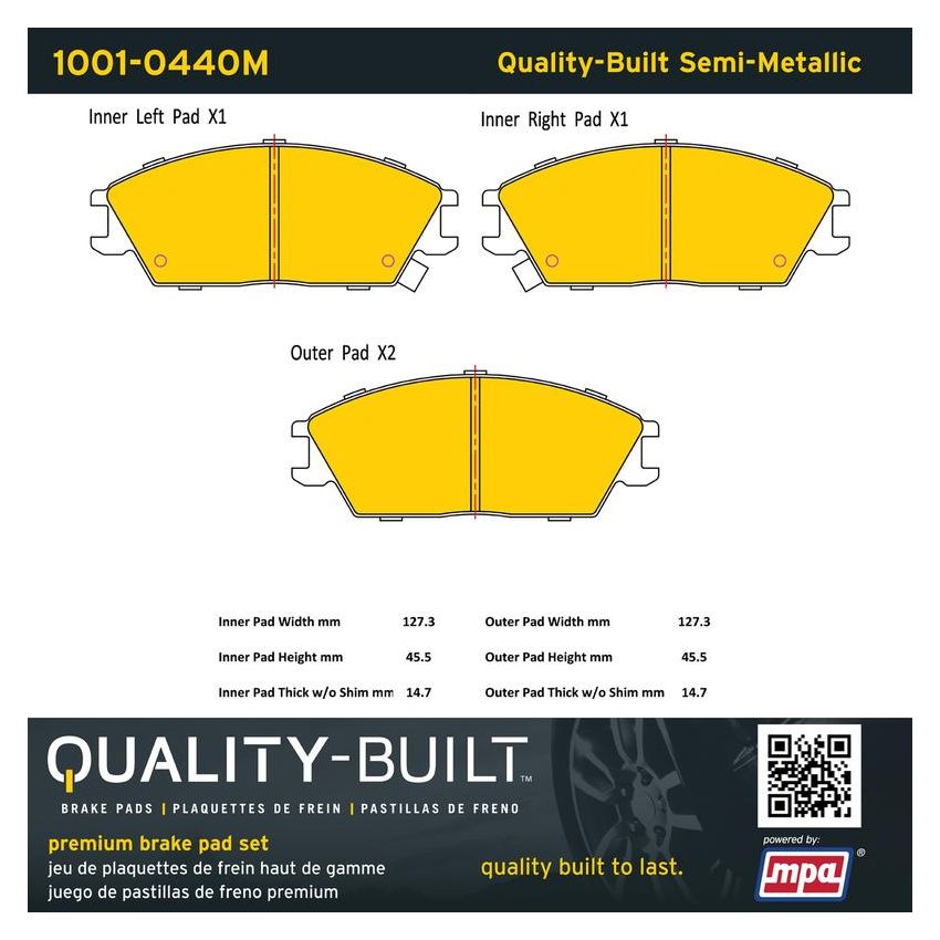 MPA 1001-0440M Quality-Built Premium Semi-Metallic Brake Pads w/ Hardware