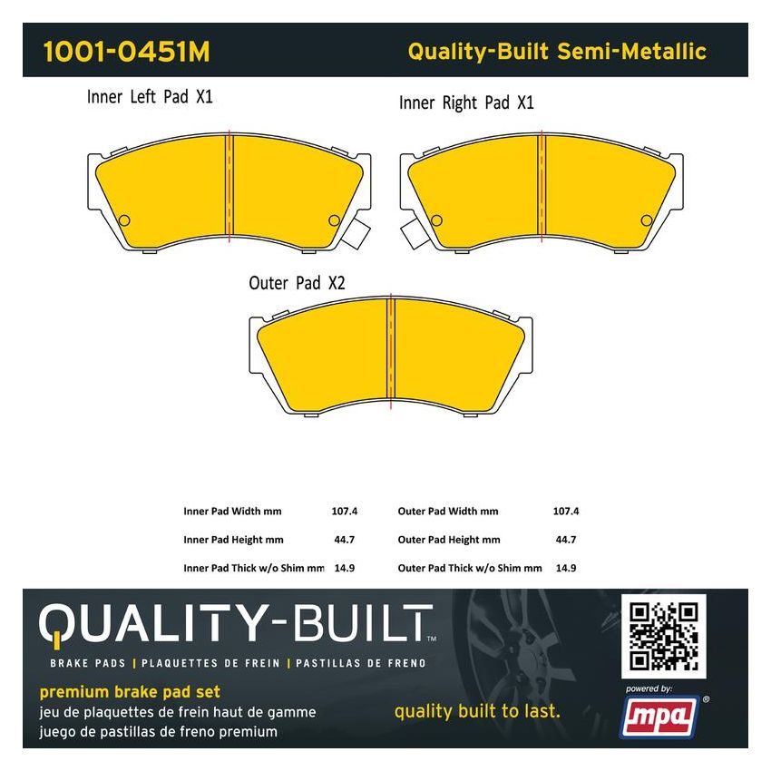 MPA 1001-0451M Quality-Built Premium Semi-Metallic Brake Pads w/ Hardware