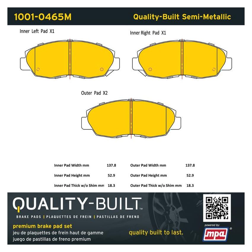 MPA 1001-0465M Quality-Built Premium Semi-Metallic Brake Pads w/ Hardware