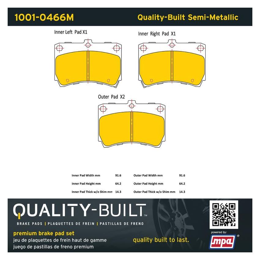 MPA 1001-0466M Quality-Built Premium Semi-Metallic Brake Pads w/ Hardware