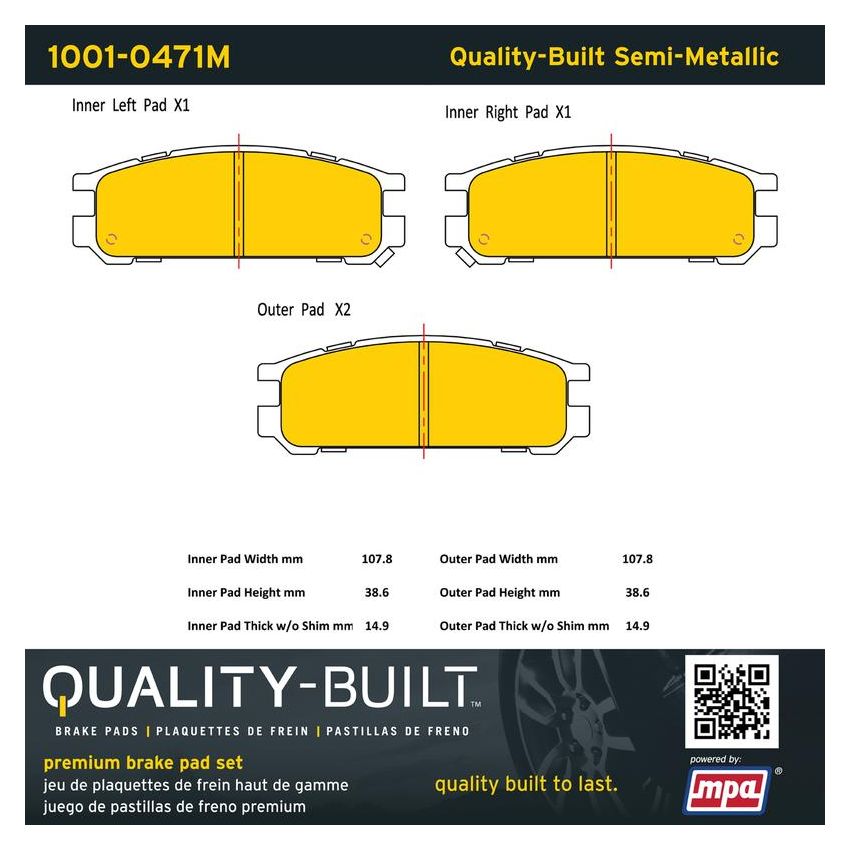 MPA 1001-0471M Quality-Built Premium Semi-Metallic Brake Pads w/ Hardware