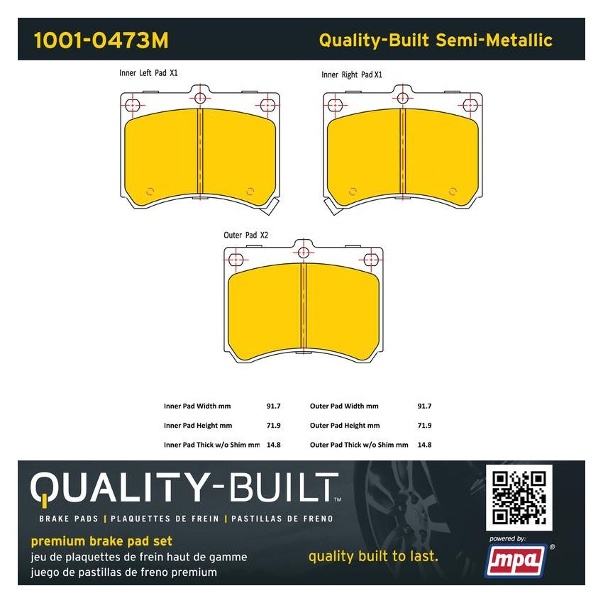 MPA 1001-0473M Quality-Built Premium Semi-Metallic Brake Pads w/ Hardware