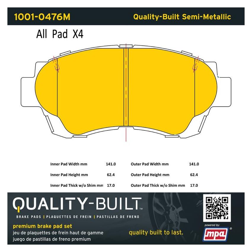 MPA 1001-0476M Quality-Built Premium Semi-Metallic Brake Pads w/ Hardware