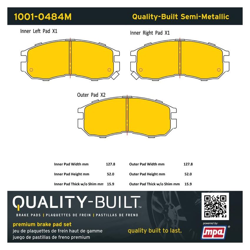 MPA 1001-0484M Quality-Built Premium Semi-Metallic Brake Pads w/ Hardware
