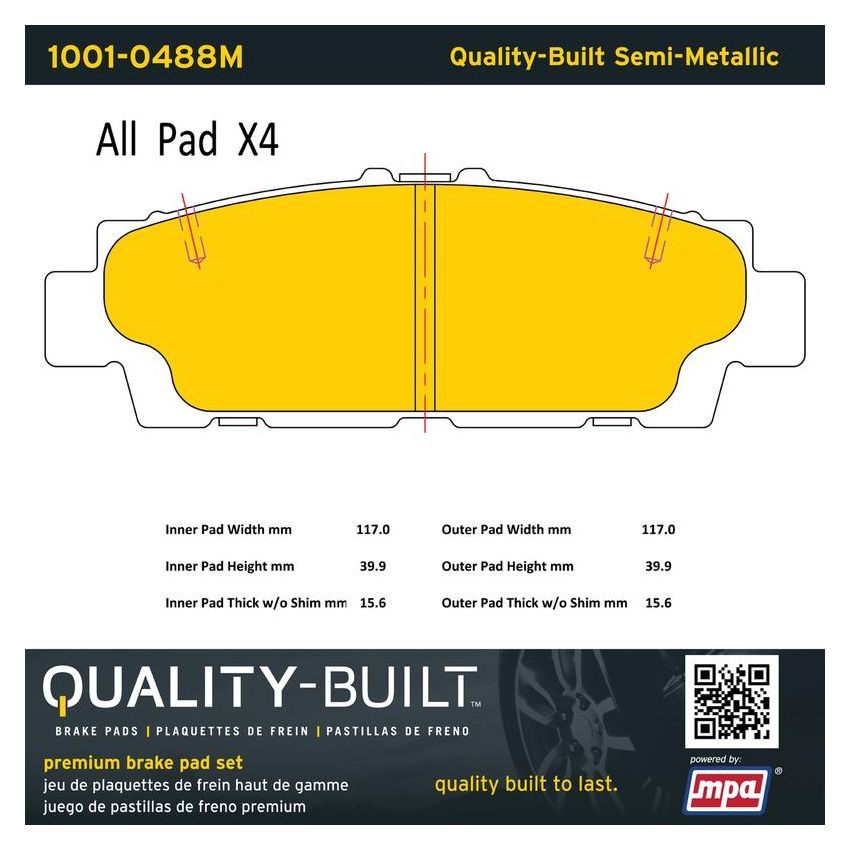 MPA 1001-0488M Quality-Built Premium Semi-Metallic Brake Pads w/ Hardware