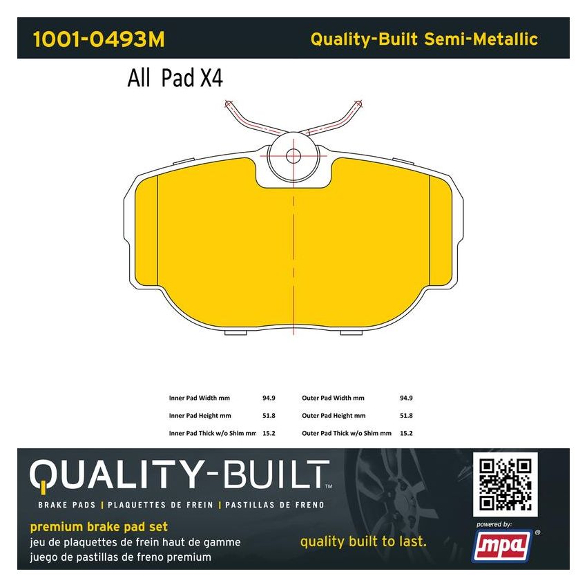MPA 1001-0493M Quality-Built Premium Semi-Metallic Brake Pads