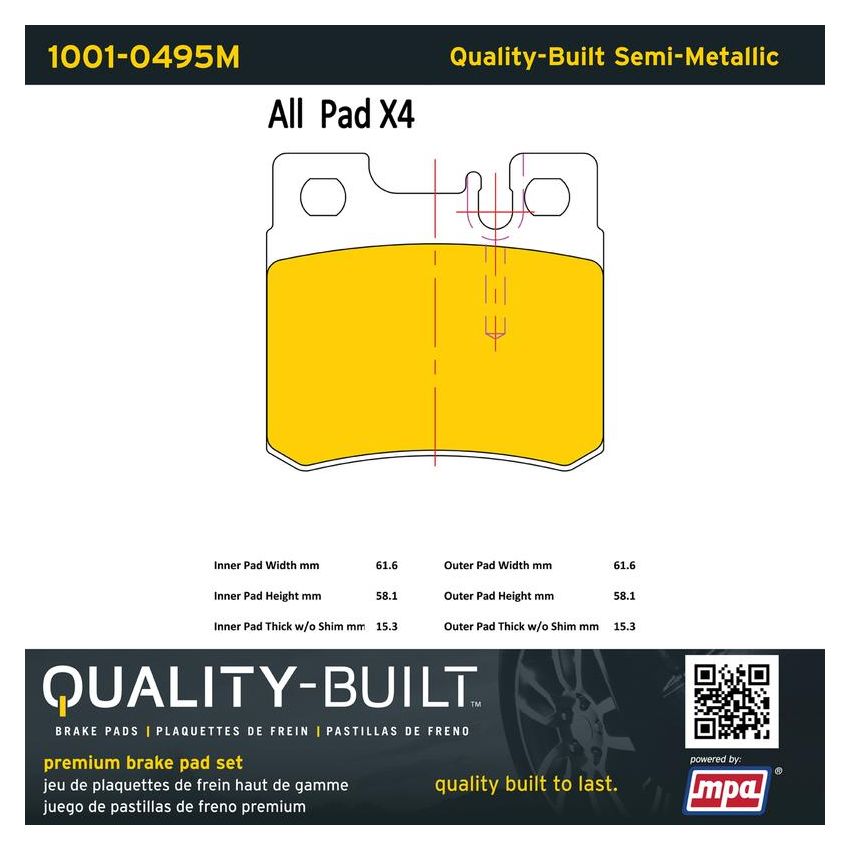 MPA 1001-0495M Quality-Built Premium Semi-Metallic Brake Pads