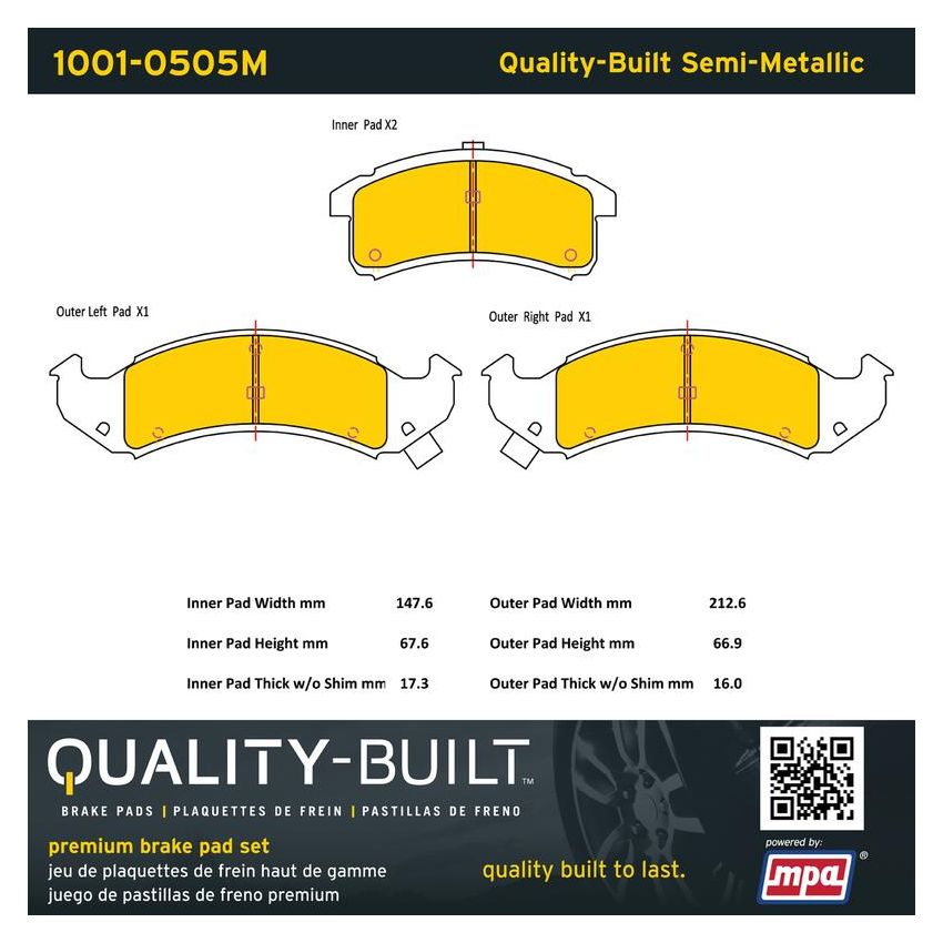 MPA 1001-0505M Quality-Built Premium Semi-Metallic Brake Pads w/ Hardware