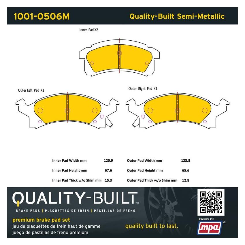 MPA 1001-0506M Quality-Built Premium Semi-Metallic Brake Pads w/ Hardware