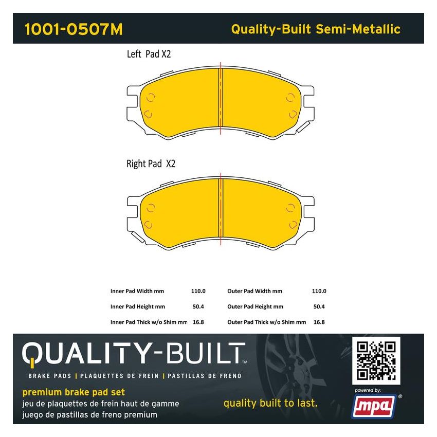 MPA 1001-0507M Quality-Built Premium Semi-Metallic Brake Pads w/ Hardware