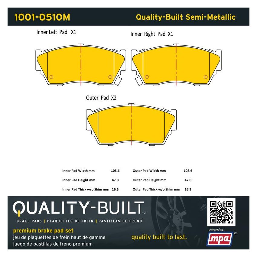 MPA 1001-0510M Quality-Built Premium Semi-Metallic Brake Pads w/ Hardware