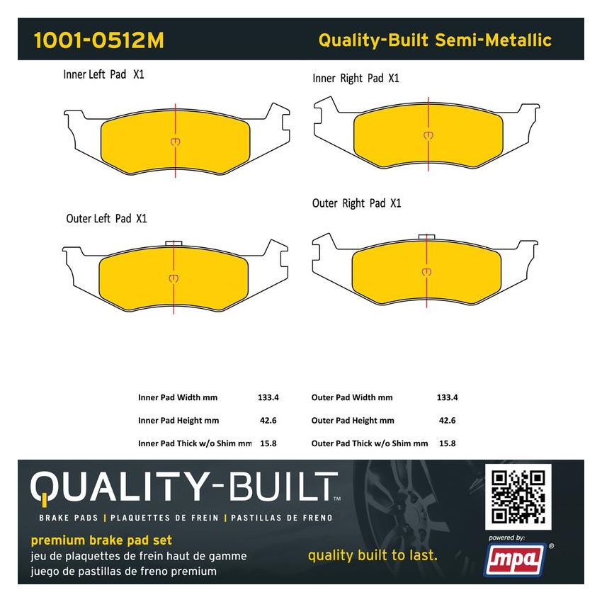 MPA 1001-0512M Quality-Built Premium Semi-Metallic Brake Pads w/ Hardware