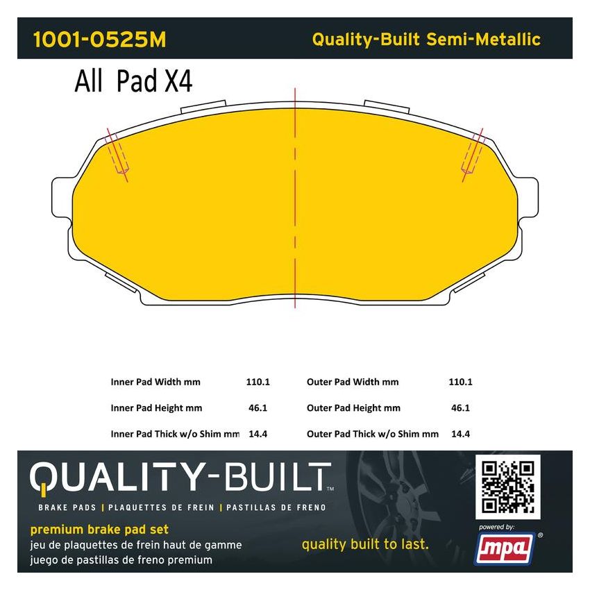MPA 1001-0525M Quality-Built Premium Semi-Metallic Brake Pads w/ Hardware