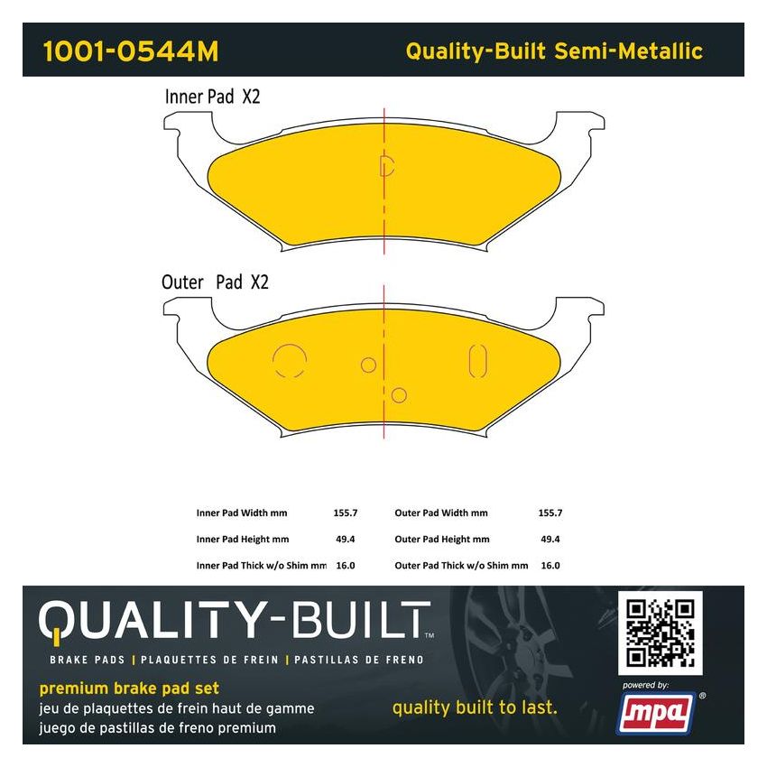MPA 1001-0544M Quality-Built Premium Semi-Metallic Brake Pads w/ Hardware