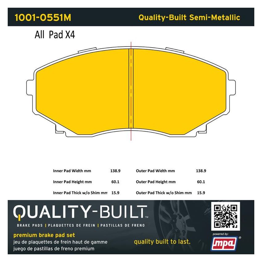 MPA 1001-0551M Quality-Built Premium Semi-Metallic Brake Pads w/ Hardware