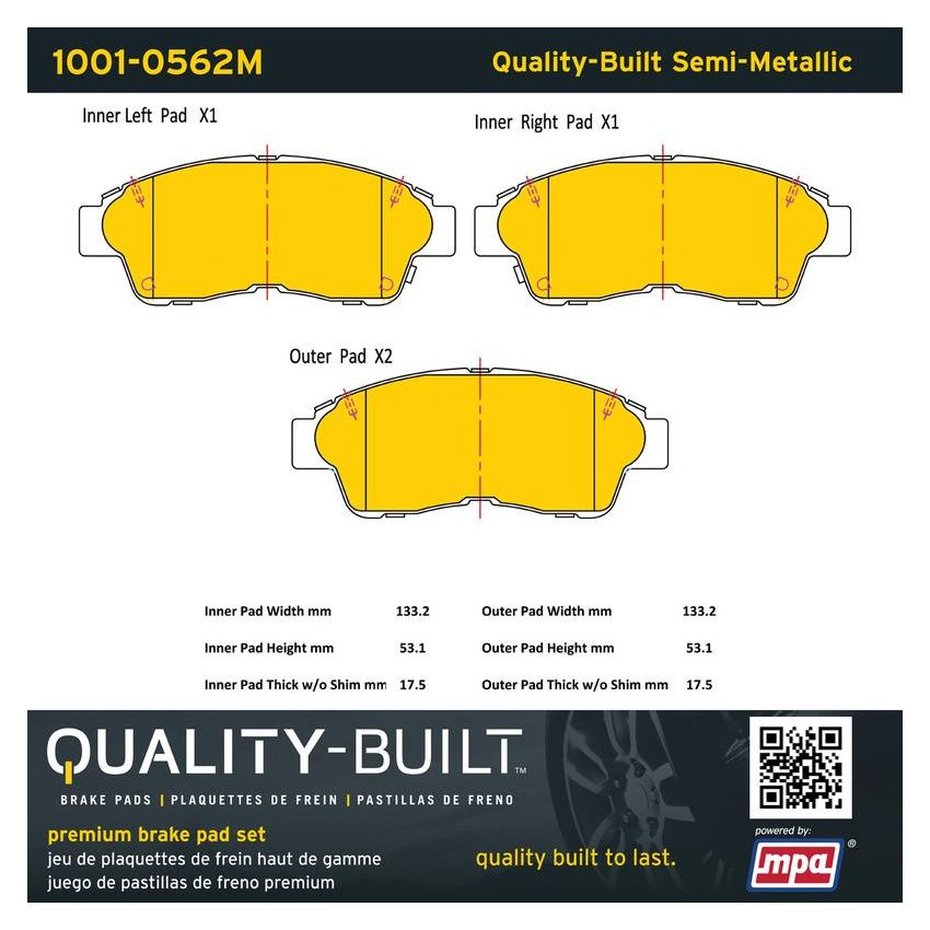 MPA 1001-0562M Quality-Built Premium Semi-Metallic Brake Pads w/ Hardware