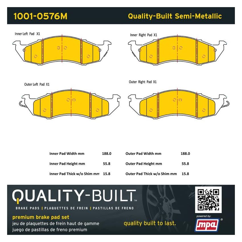 MPA 1001-0576M Quality-Built Premium Semi-Metallic Brake Pads w/ Hardware