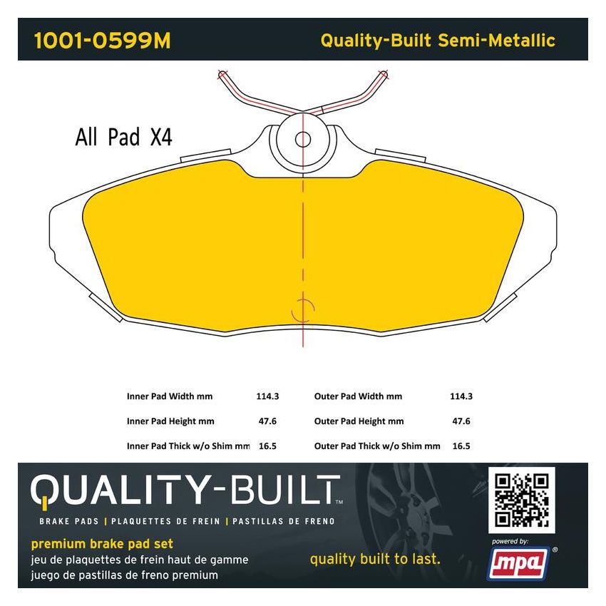 MPA 1001-0599M Quality-Built Premium Semi-Metallic Brake Pads w/ Hardware