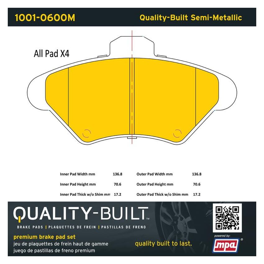 MPA 1001-0600M Quality-Built Premium Semi-Metallic Brake Pads w/ Hardware