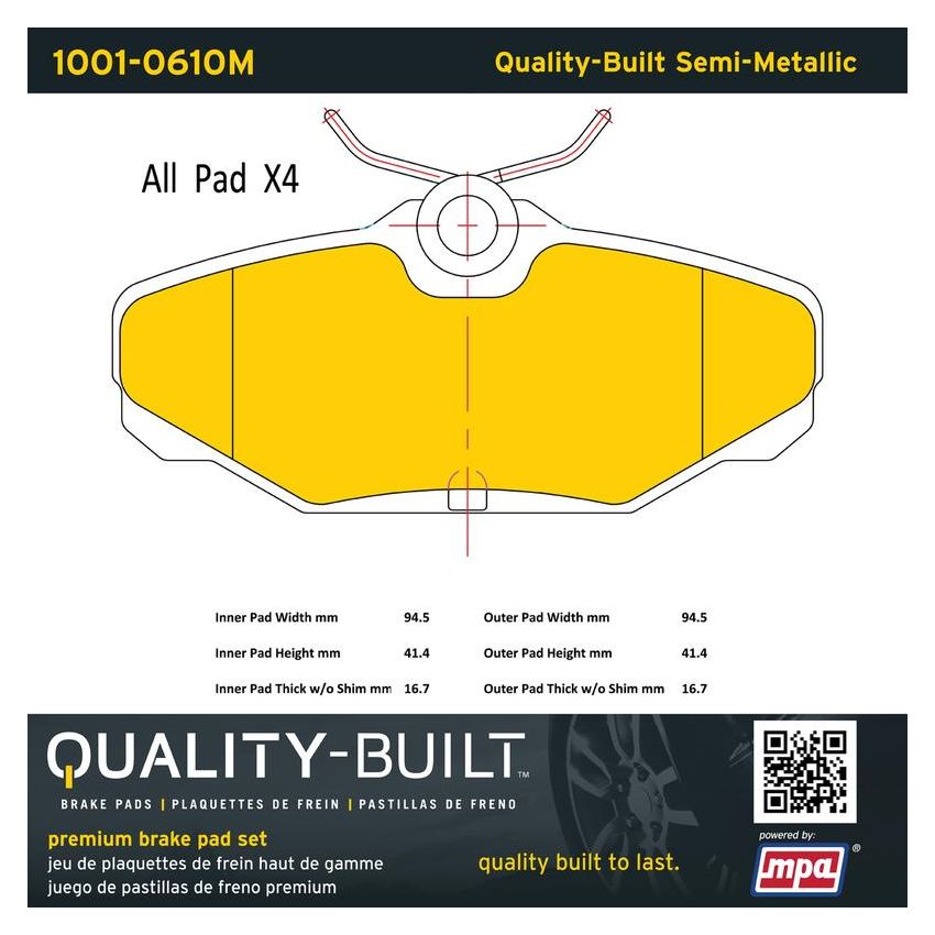 MPA 1001-0610M Quality-Built Premium Semi-Metallic Brake Pads w/ Hardware
