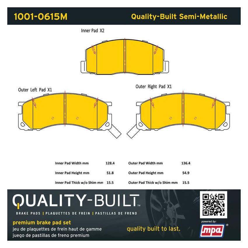 MPA 1001-0615M Quality-Built Premium Semi-Metallic Brake Pads w/ Hardware
