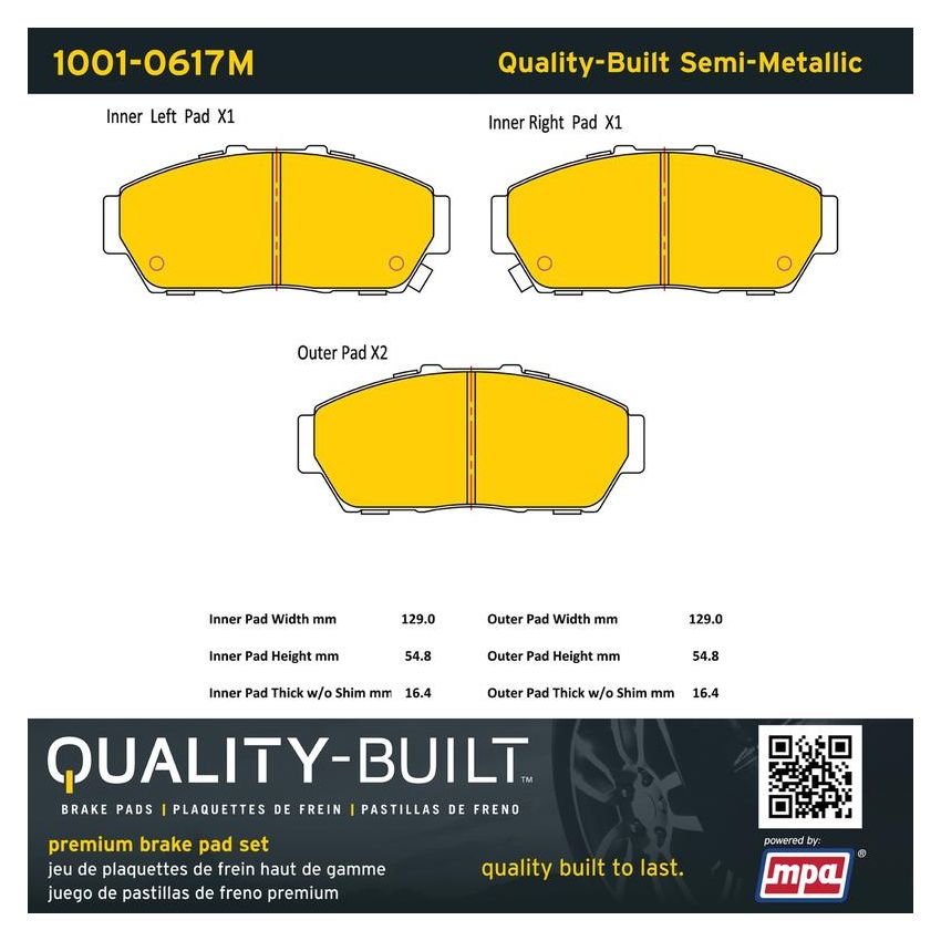 MPA 1001-0617M Quality-Built Premium Semi-Metallic Brake Pads w/ Hardware