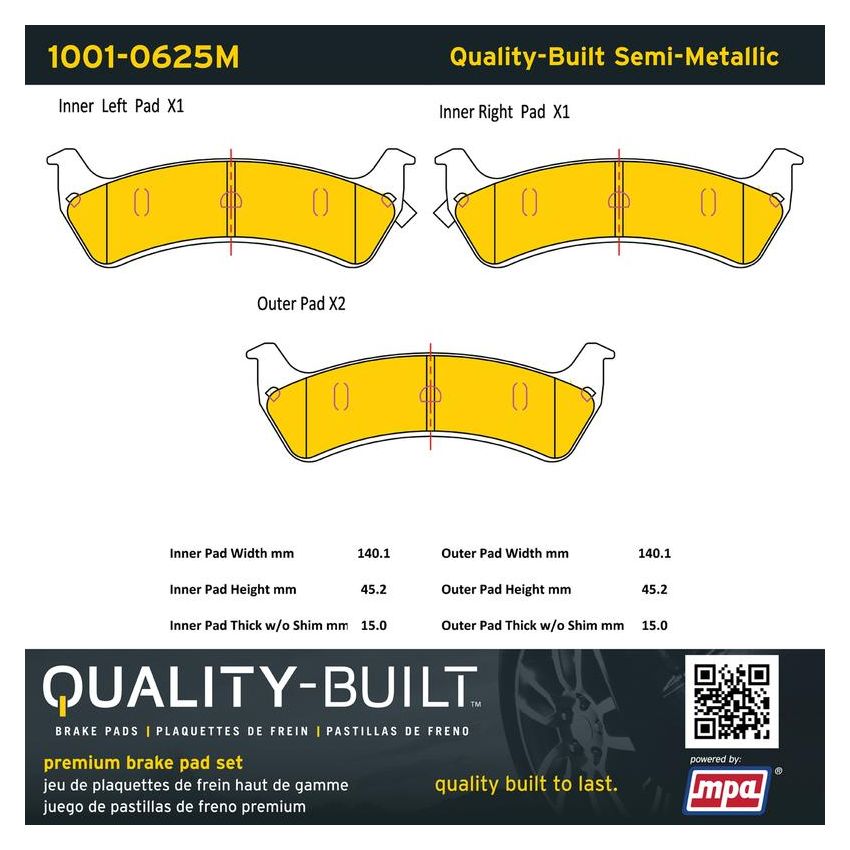 MPA 1001-0625M Quality-Built Premium Semi-Metallic Brake Pads w/ Hardware