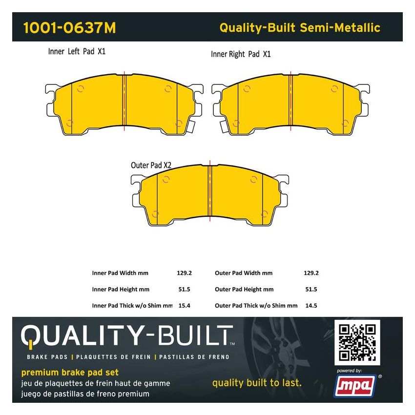 MPA 1001-0637M Quality-Built Premium Semi-Metallic Brake Pads w/ Hardware