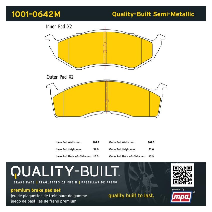 MPA 1001-0642M Quality-Built Premium Semi-Metallic Brake Pads w/ Hardware