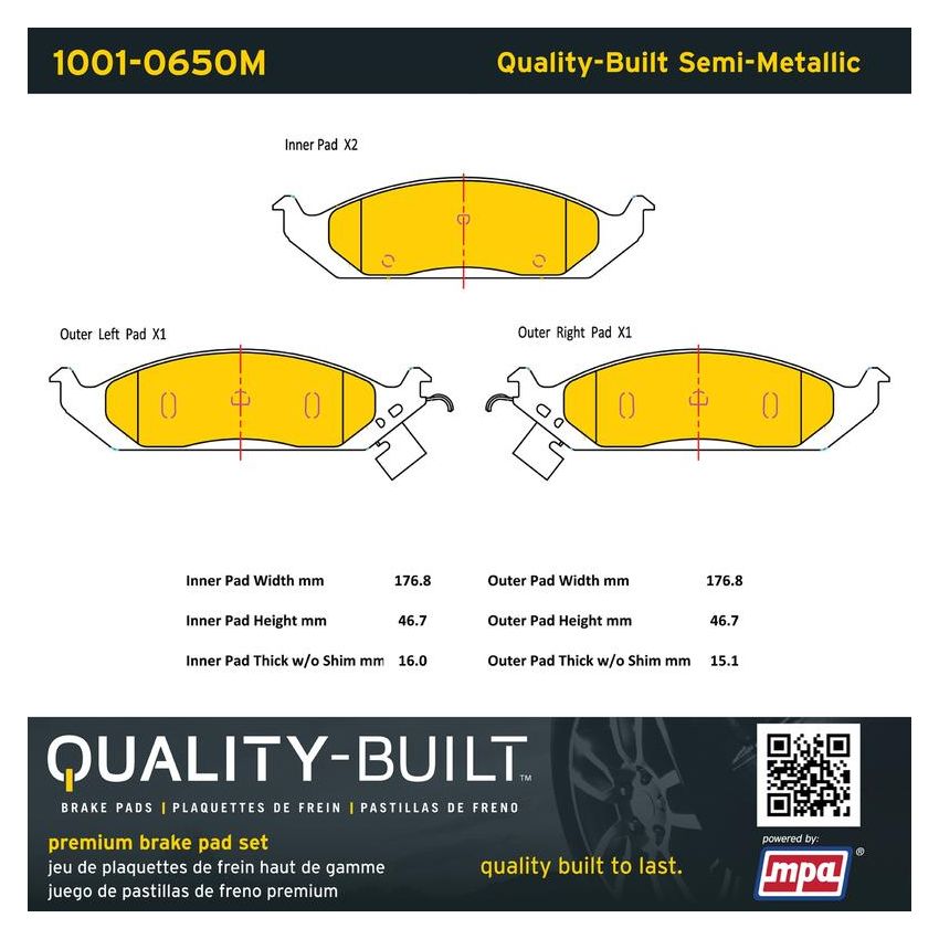 MPA 1001-0650M Quality-Built Premium Semi-Metallic Brake Pads w/ Hardware