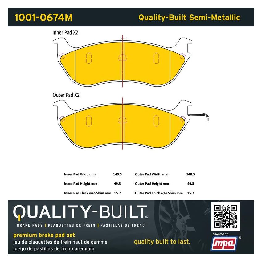 MPA 1001-0674M Quality-Built Premium Semi-Metallic Brake Pads w/ Hardware