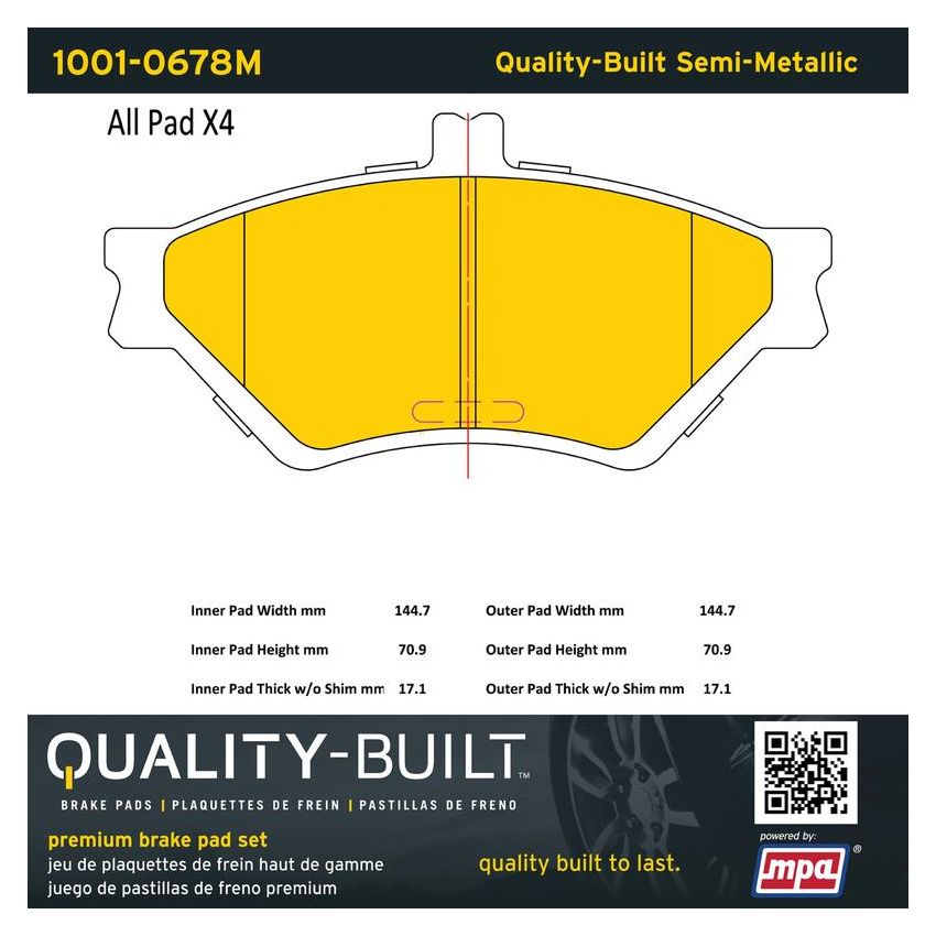 MPA 1001-0678M Quality-Built Premium Semi-Metallic Brake Pads w/ Hardware